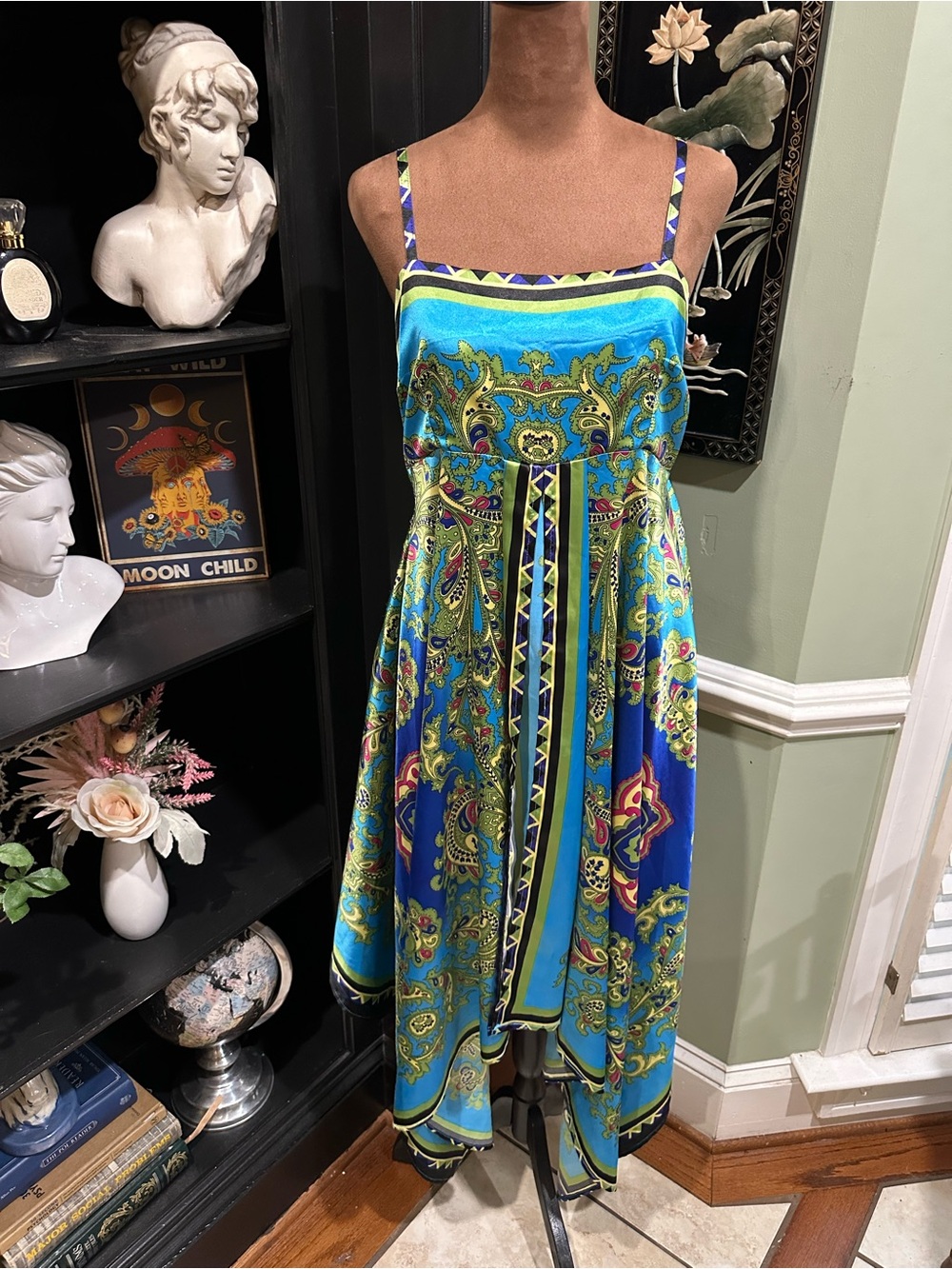 Vintage Y2K Ethyl Sleeveless Handkerchief Hem Sundress Blue Green Scarf Print Si